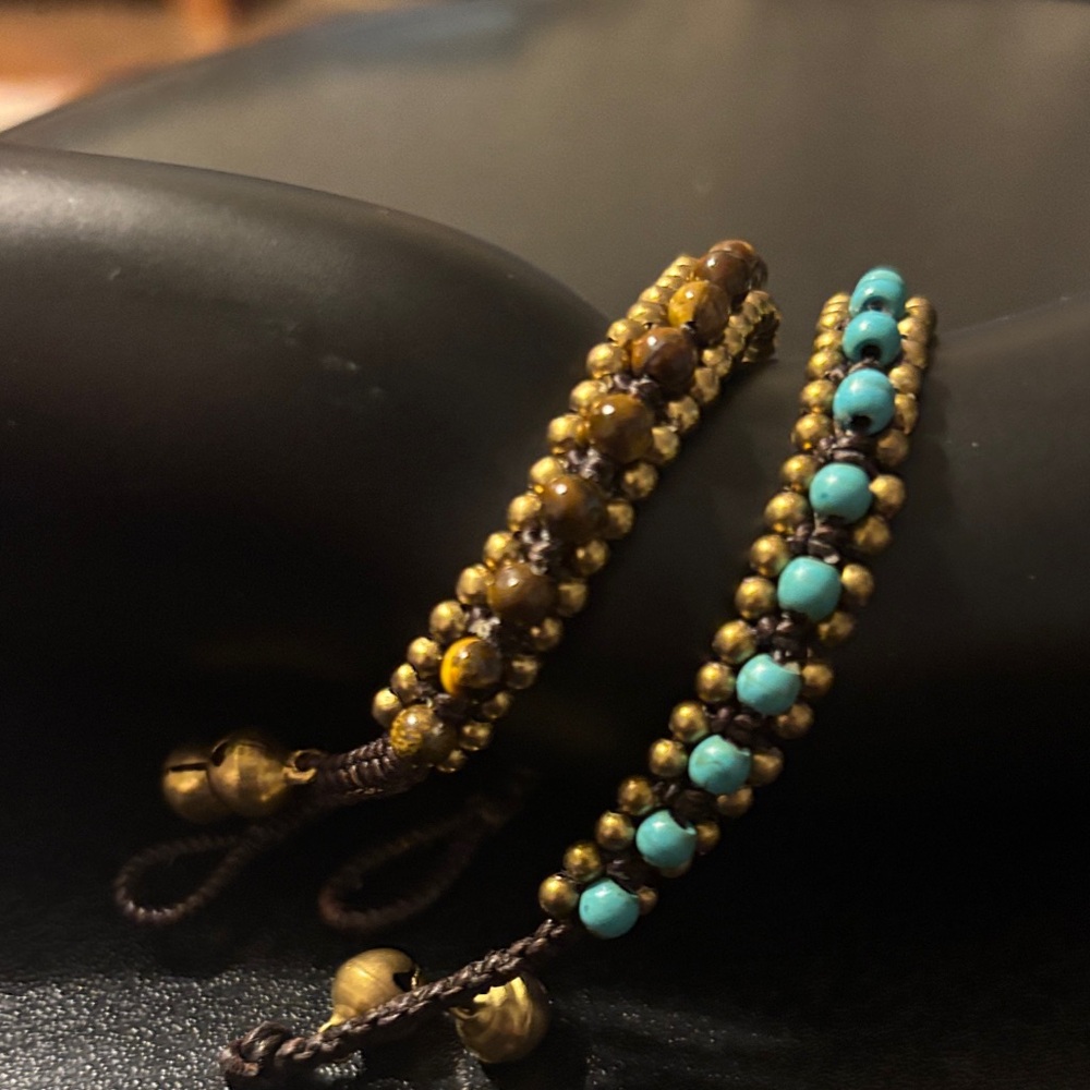 Turquoise and Tiger eye with brass beads and bells woven braided bracelets